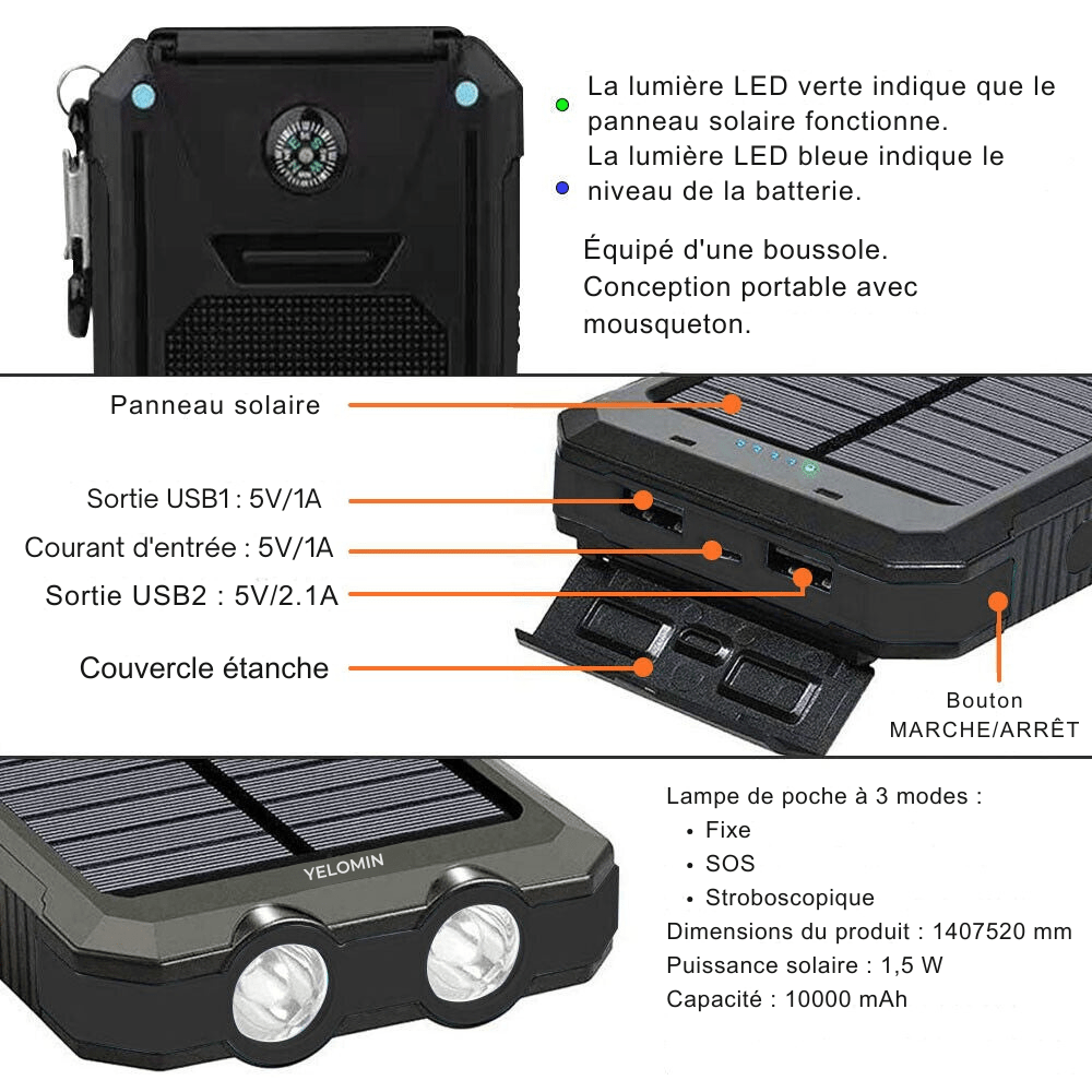 Batterie externe solaire étanche et antichoc 10 000 mAh | Montelac - Montelac