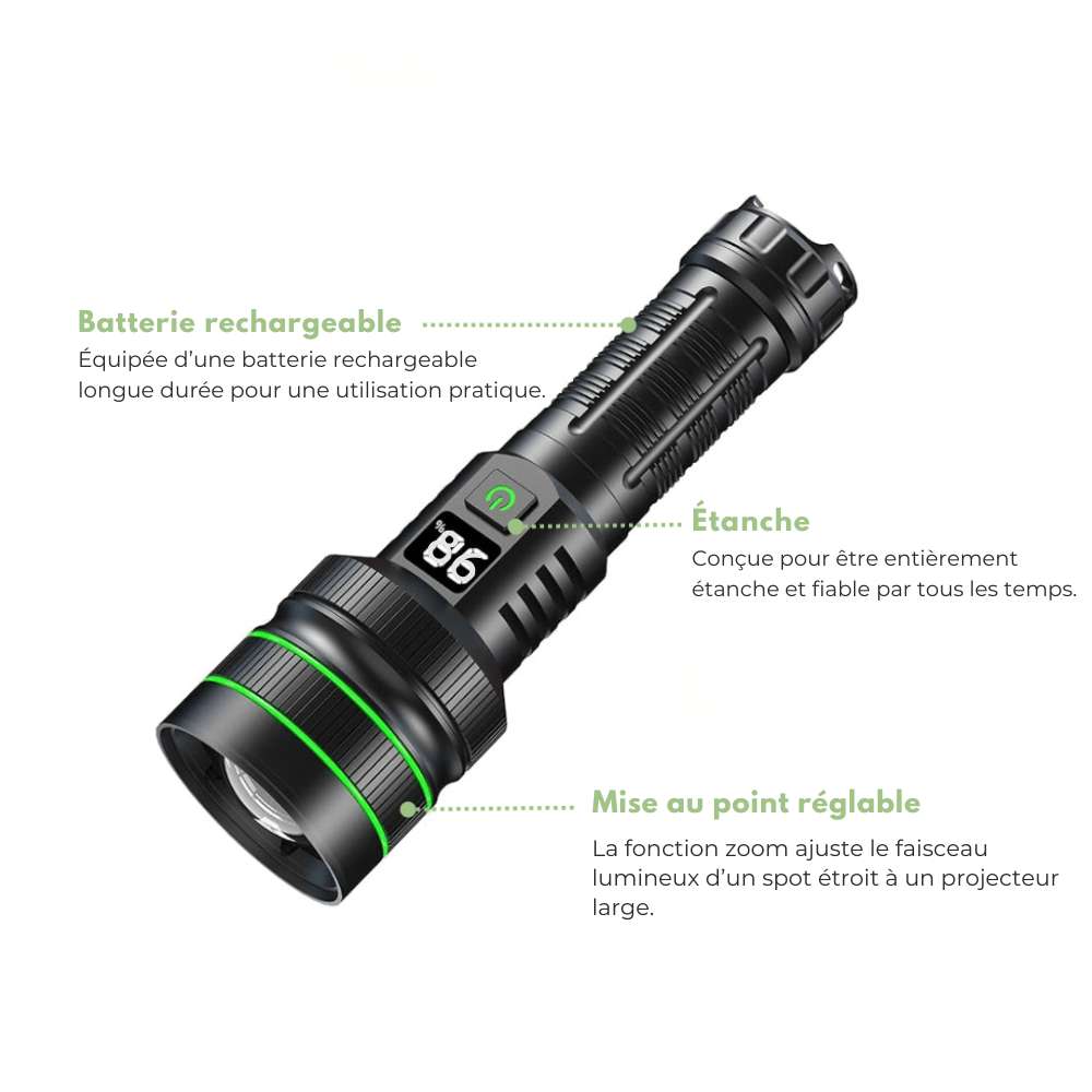 Lampe de poche LED puissante et réglable - Portée 3 km - Montelac