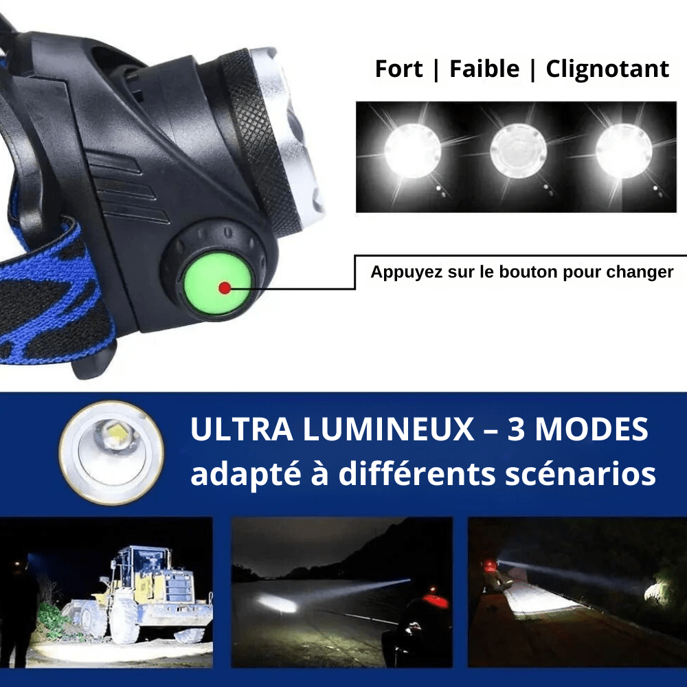 Lampe frontale étanche rechargeable avec faisceau réglable | Montelac - Montelac